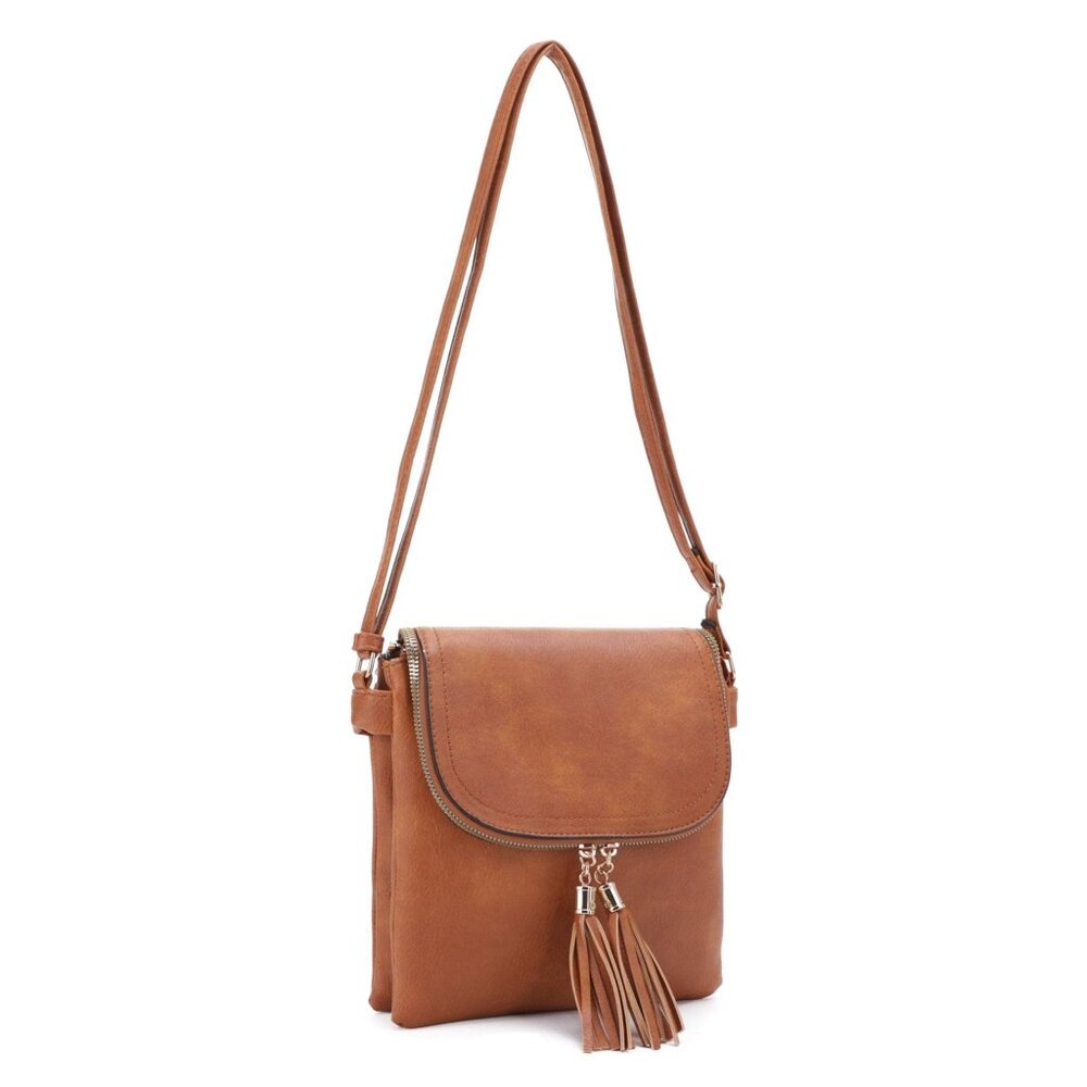 Cognac Flap-over Two Compartment Crossbody With Tassels